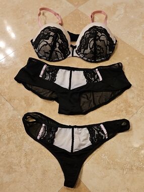B. Tempted Black & Pink Lace Three-Piece Set
